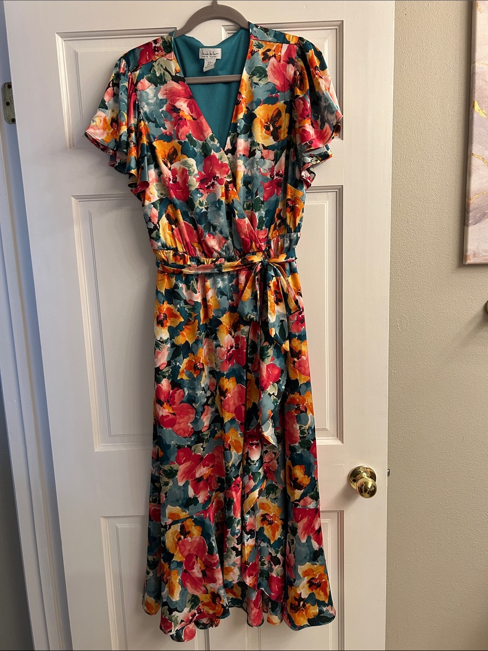 Floral Wrap Midi Dress in Teal, Pink & Yellow